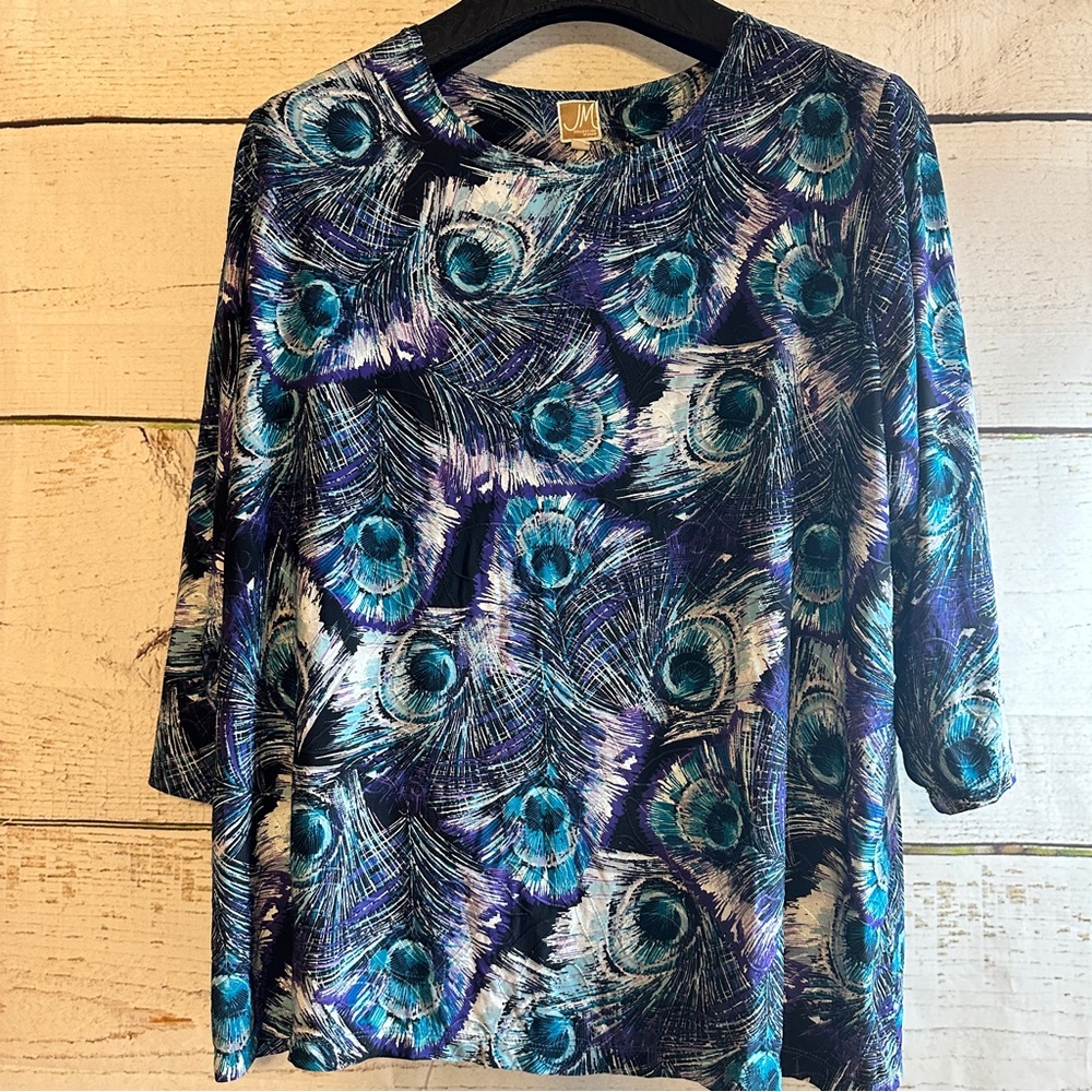 JM COLLECTION 3X Stretchy Top with Peacock Feather Print in Purple, Teal, Black